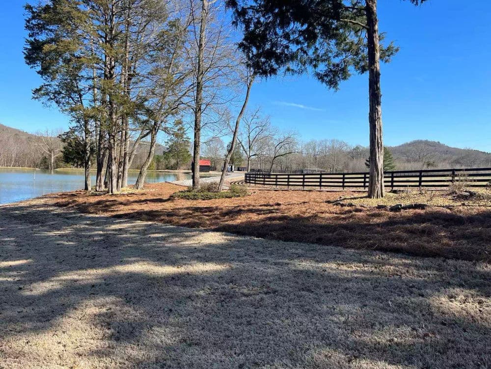 Scenic lakeside view with trees, fence, and mountains under a clear blue sky.