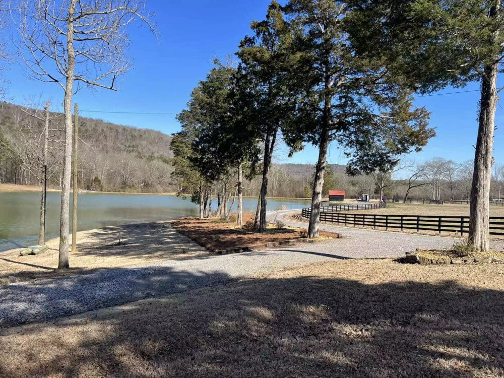 Scenic view of a tranquil lake surrounded by trees and a gravel path on a sunny day.